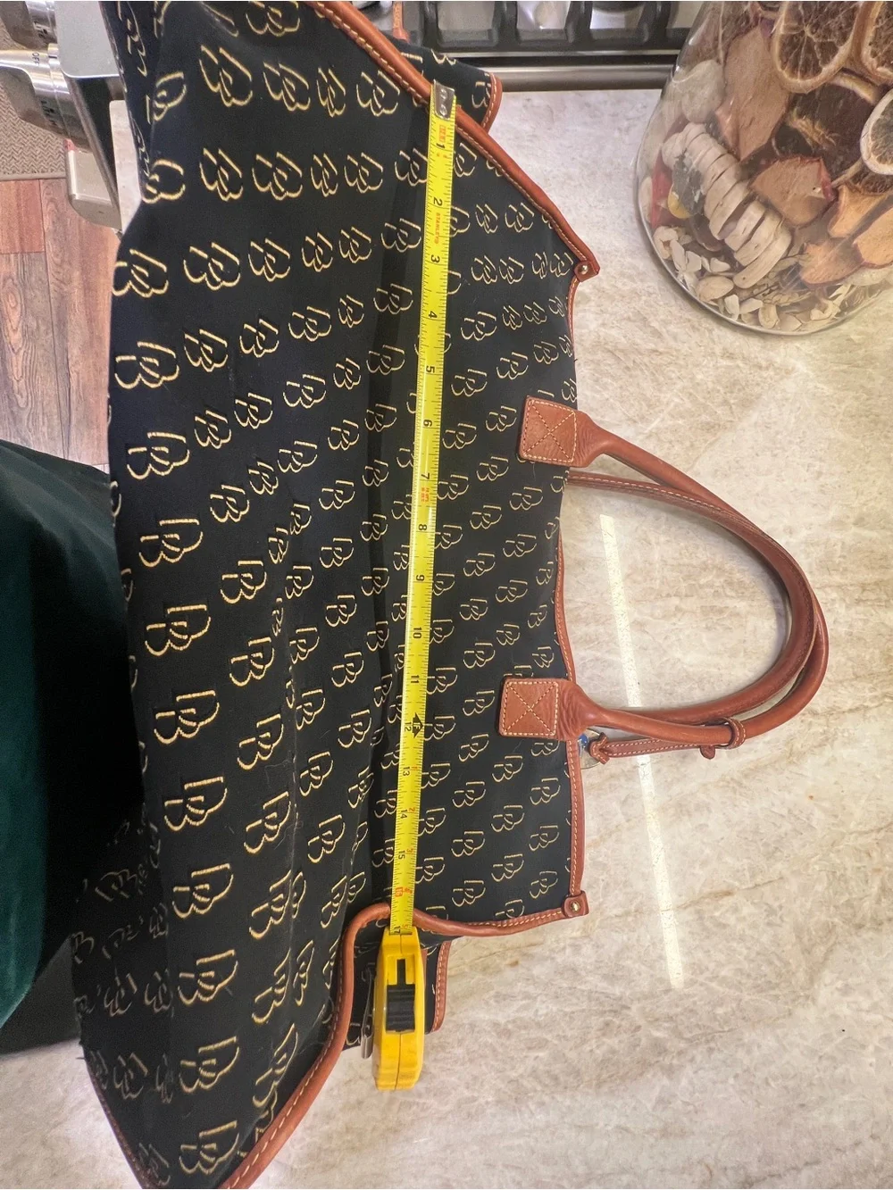 XL Dooney & Bourke Black Weekender Brown Leather Trim and Gold Monogram